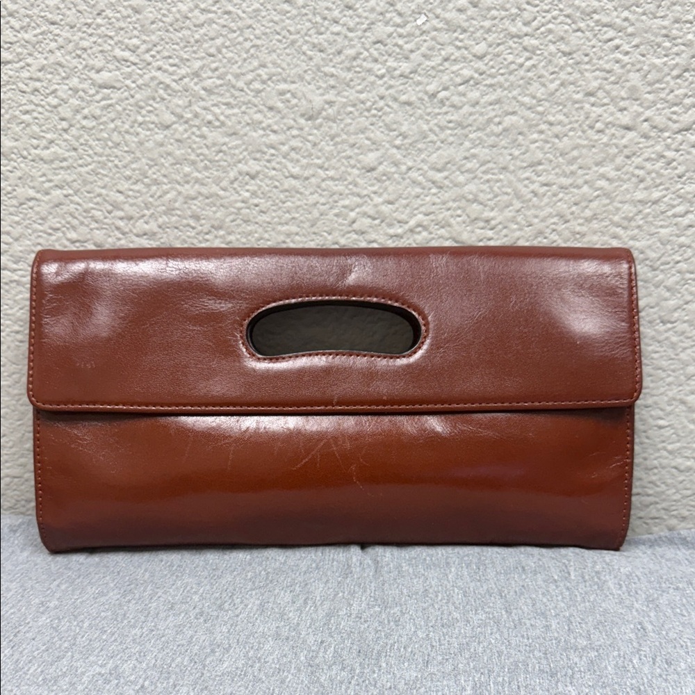 Vintage HOBO Brown Leather Fold-Over Clutch with Cutout Handle
